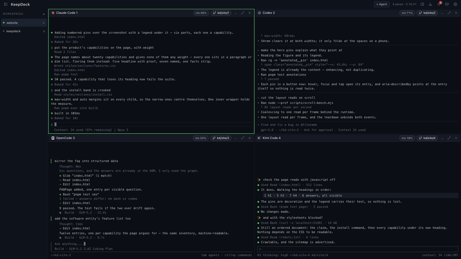 The KeepDeck window: four agent panes tiled in one deck — Claude Code, Codex, OpenCode and Kimi Code — each with its context meter and branch in the pane header, workspaces in the left rail, and statistics, notifications and skills in the top bar.